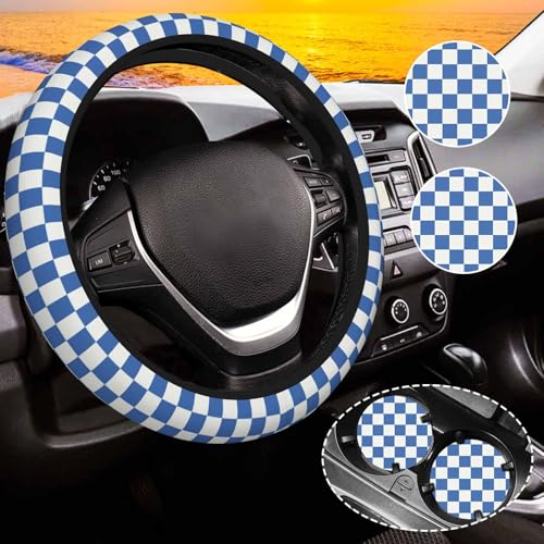 Blue Checkered Steering Wheel Cover for Women, Universal Auto Steering Wheel 14-15 Inch Car Interior Accessories with 2PCS Car Coasters, Suitable for Men and Women - color: blue