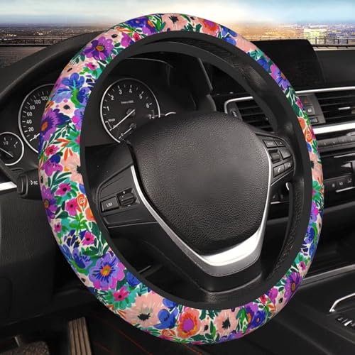 Floral Steering Wheel Cover Vintage Hippie Boho Flower Car Accessories Purple Daisy Steering Wheel Cover for Women Men Girls Car Decorations Fit Auto SUV Sedan Vans Trucks - color: Floral Design