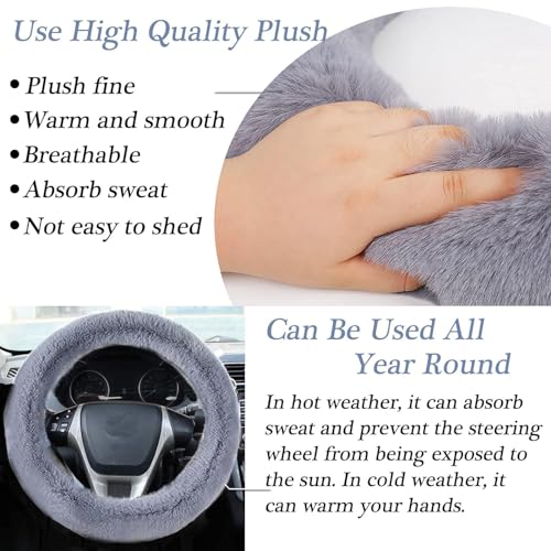 WenMei 4PCS Set Fluffy Steering Wheel Covers with Handbrake Cover&Gear Shift Cover&Plush Keychain Furry Steering Wheel Cover for Women Girl Fashion Warm Car Wheel Protector Fit Most Car (Gray Blue) - color: Gray blue