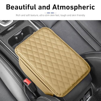 Car Center Console Cover, Upgrade Soft Skin-friendly Leather Arm Rest Cover for Car, Universal Anti-slip Scratch-resistant Armrest Mat with Side Storage Bags, for Trucks, Cars, SUVs (Beige) - color: Beige