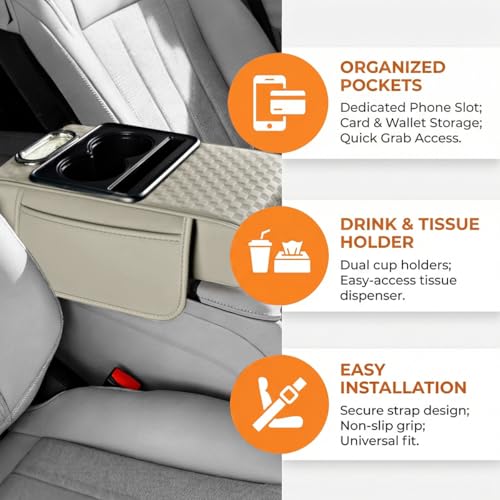Car Center Console Armrest Pillow, 5-in-1 Armrest Box Cover with Cup Phone Holder & Storage Pocket Tissue Box, Multifunctional Auto Middle Console Arm Rest Protector, Universal Fit (Beige) - color: Beige