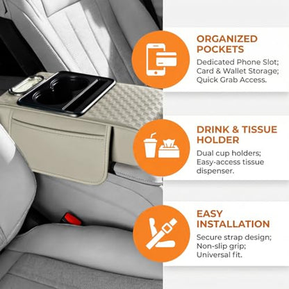 Car Center Console Armrest Pillow, 5-in-1 Armrest Box Cover with Cup Phone Holder & Storage Pocket Tissue Box, Multifunctional Auto Middle Console Arm Rest Protector, Universal Fit (Beige) - color: Beige