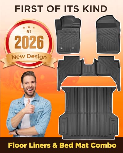 Car 5FT Bed Liner & Floor Mats for Ford Ranger SuperCrew Cab: 2026 2025 2024 All-Weather Mats Full Set for Ford Raptor with 5ft Trunk Bedmat, Anti-Slip Waterproof Protection Truck Accessories
