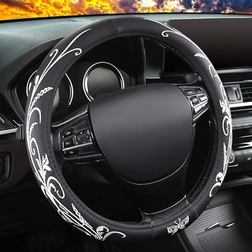 White Embroidery Butterfly Car Steering Wheel Cover,14.5-15 Inch Universal Leather Covers Breathable Anti-Slip Odorless Steering Wheels Accessories for Men Women - color: White Embroidery