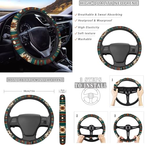 Dreaweet Navajo Seat Covers for Cars Trucks SUV,Green Southwestern Native American Seat Covers with Steering Wheel Cover,Seatbelt Cover,Armrest Pad,Cup Holder,Gear Shift Knob Handbrake Cover,Set of 12 - color: Navajo Green