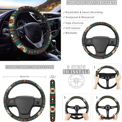 Dreaweet Navajo Seat Covers for Cars Trucks SUV,Green Southwestern Native American Seat Covers with Steering Wheel Cover,Seatbelt Cover,Armrest Pad,Cup Holder,Gear Shift Knob Handbrake Cover,Set of 12 - color: Navajo Green