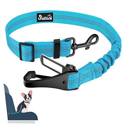 SlowTon Dog Seat Belt, Adjustable Dog Safety Belt Leash, 2 in 1 Latch Bar Attachment Dogs Car Seatbelt with Elastic Nylon Bungee Buffer, Reflective Nylon Belt Tether Connect to Dog Harness (Blue) - color: Blue