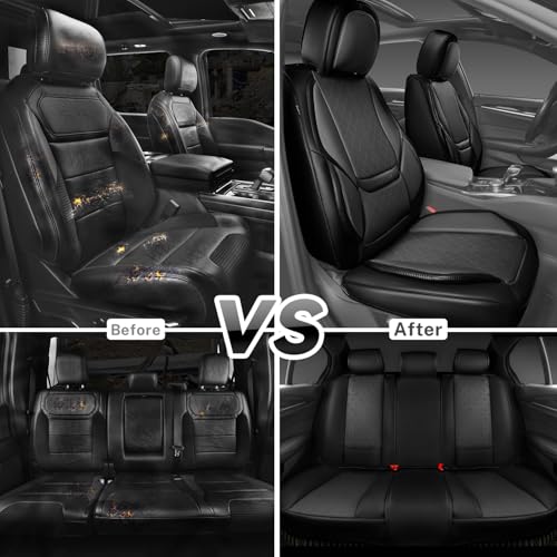 CAR PASS Nappa Leather Car Seat Covers 5 Seat, Luxury Lumbar Support Seat Cover Full Set, Waterproof Breathable Durable All Coverage Leatherette Seat Covers for SUVs,Pickups,Trucks,Vehicles (Gray) - color: Black and Gray