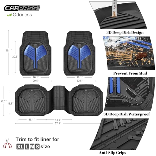 CAR PASS Heavy Duty Rubber Car Mats, Deep-Dish Car Floor Mats All Weather, Universal Two-Tone Trim-to-Fit for SUVs Trucks Sedans, Waterproof Anti-Slip, 3 Pieces V12 Black and Metallic Blue - color: Blue and Black