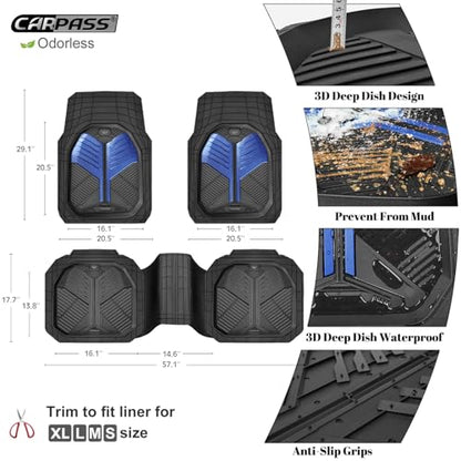 CAR PASS Heavy Duty Rubber Car Mats, Deep-Dish Car Floor Mats All Weather, Universal Two-Tone Trim-to-Fit for SUVs Trucks Sedans, Waterproof Anti-Slip, 3 Pieces V12 Black and Metallic Blue - color: Blue and Black