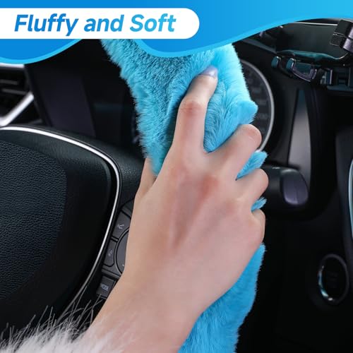 SEG Direct Furry Car Steering Wheel Cover with Gear Shift Cover, Soft and Warm, Cute Fluffy Auto Decor for Women Men, Standard Size, 2 PCS Set, Cyan - color: Cyan