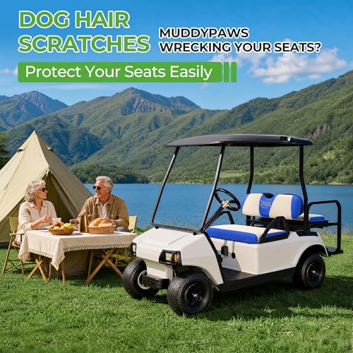 10L0L Golf Cart Seat Covers, Super Comfort Cooler Than Vinyl Seat Cover, Front and Rear Seat Cover for Yamaha EZGO Club Car, No Drilling Breathable Mesh Bench Seat Blanket, Machine Washable - color: Beige + Blue, style: Front Seat - For EZGO TXT & RXV & C