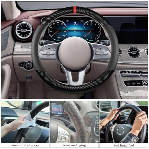 Black Carbon Fiber Leather Steering Wheel Cover, Microfiber Leather, Anti-Slip, Breathable, Universal Fit for 14.5–15 in Steering Wheel Cover for Men Women - color: Splicing Carbon Fiber - Black