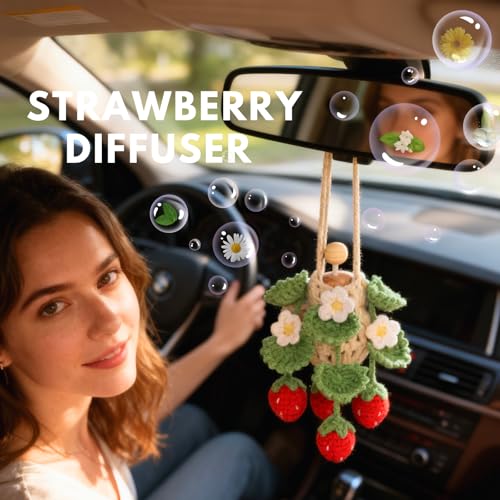 ROFIGL Handmade Crochet Hanging Car Air Freshener - Cute Strawberry Plant Design, 12ml Refillable Thick Glass Bottle, Car Diffuser for Rearview Mirror, Home & Office Decor - style: Strawberry