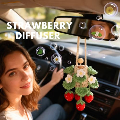 ROFIGL Handmade Crochet Hanging Car Air Freshener - Cute Strawberry Plant Design, 12ml Refillable Thick Glass Bottle, Car Diffuser for Rearview Mirror, Home & Office Decor - style: Strawberry