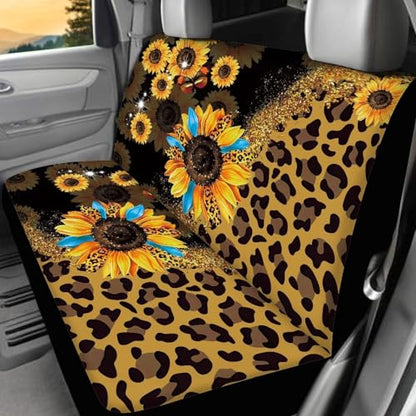 Leopard Sunflower Car Seat Covers Full Set for Front and Rear Cheetah Interior Accessories Auto Front Rear Seat Protective Set 4 Pack Leopard Print Automotive Seat - color: Sunflower Leopard Print