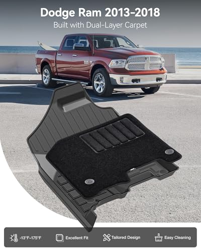 3W Floor Mats & Front Carpet Fit for 2013-2018 Dodge Ram 1500/2500/3500 Crew Cab, 2019-2024 Dodge Ram 1500 Classic Crew Cab All Weather TPE Custom Fit Floor Liner for 1500 Full Set Car Mats - size: 13-18 Ram Floor Mats & Carpet