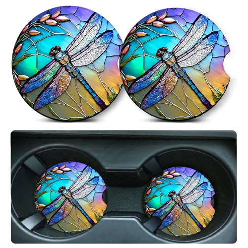Car Coasters for Cup Holders,2 Pack Dragonfly Car Cup Holder Coasters,2.75" Universal Size Anti Slip Rubber Mat,Automotive Cup Holder Decal Decor Accessories,Dragonfly Gifts for Women,Mom - color: Dragonfly