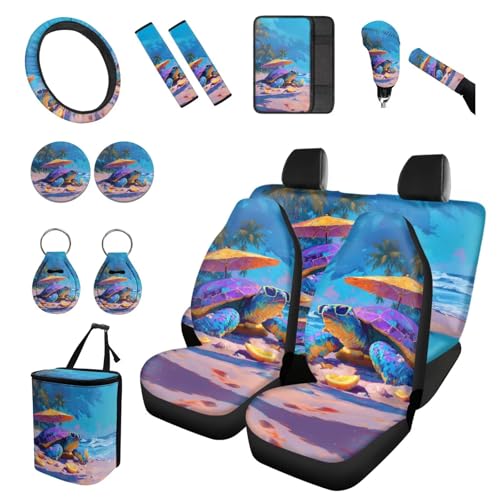 Forchrinse 15Pcs Hawaiian Sea Turtle Car Seat Cover Set with Steering Wheel Cover Armrest Shoulder Pads Handbrake Gear Cover Garbage Can Universal Women Auto Interior Accessories - color: Hawaiian Sea Turtle