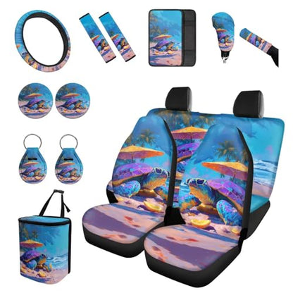 Forchrinse 15Pcs Hawaiian Sea Turtle Car Seat Cover Set with Steering Wheel Cover Armrest Shoulder Pads Handbrake Gear Cover Garbage Can Universal Women Auto Interior Accessories - color: Hawaiian Sea Turtle