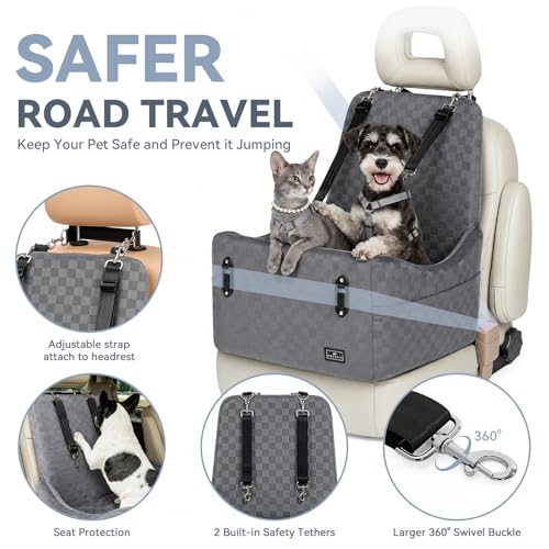 PETSFIT Dog Car Seat for Small/Medium Dogs Up to 35 lbs – Patented Safety System, 5" Memory Foam Pet Booster Car Seat, Fully Detachable and Washable Dog Carseat with 2 Storage Pockets (Grey) - color: Grey