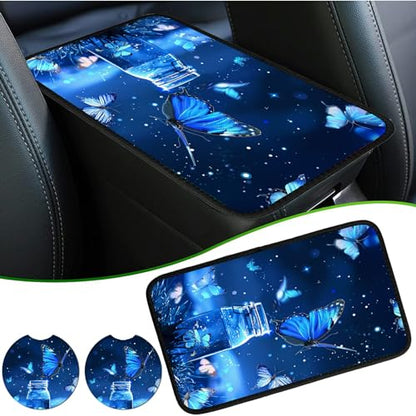 Universal Auto Center Console Pad and 2Pcs Car Coasters Set, Anti Slip Soft Neoprene Car Armrest Seat Box Cover Protector Universal Fit - Car Interior Accessories, Blue Butterfly - color: 511