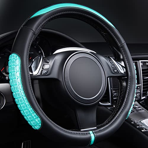 Flying Banner car Steering Wheel Cover Gel Massage Velvet Cool Warm Universal Size 15 inches SUV Truck Anti Slip Odorless Summer Winter (Black Mint Blue, Gel Massage) - color: Black Mint Blue