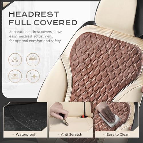 Coverado Car Seat Covers Full Set, Beige Brown Car Seat Covers, Luxury Diamond Leather Car Seat Cover with Carbon Fiber Weave, Spill-Proof Seat Cushions, Automotive Seat Cover Universal Fit Most Cars - color: BeigeBrown, size: Full set