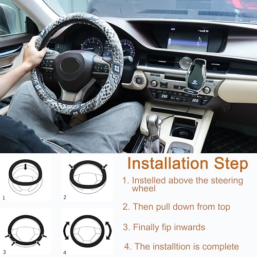 Boho Steering Wheel Cover, Bohemian Cloth Car Steering Wheel for Women Breathable Flax Ethnic Style Steering Wheel Accessories Cover Sweat-Absorbing Anti-Slip Fits 14 1/2-15 Inch - Black - color: Black