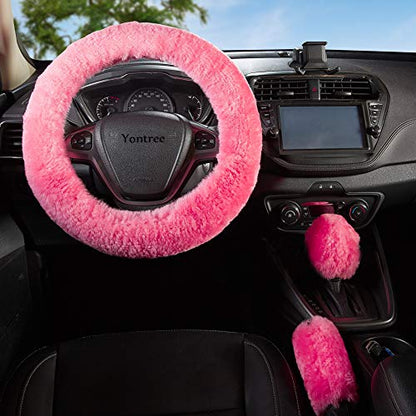 Yontree Fashion Fluffy Steering Wheel Covers for Women/Girls/Ladies Australia Pure Wool 15 Inch1 Set 3 Pcs(Pink) - color: Pink, size: Shearing Wool
