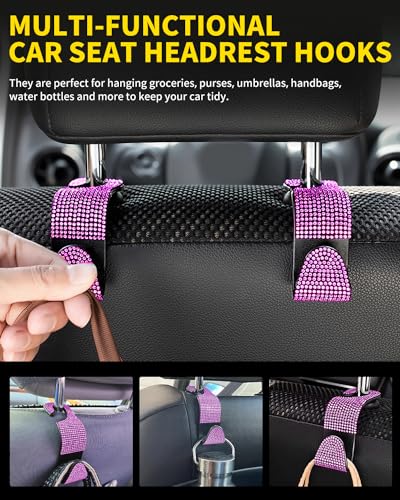 4 Pack Blink Diamond Car Seat Headrest Hooks Crystal Rhinestone Car Purse Holder Universal Interior Accessories for Handbags, Water Bottles, Coats, Umbrellas, Pink - color: Pink