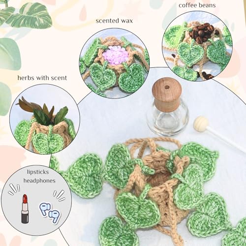 ROFIGL Handmade Crochet Hanging Car Air Freshener- Lifelike Green Pothos for Hanging with 12ml Thick Refillable Glass Diffuser Bottle, Suitable Decor for Car Rearview Mirror, Home & Wellness Spaces - style: Green Pothos