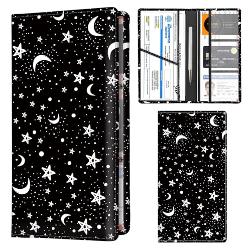 Car Registration and Insurance Holder with Magnetic Shut, Cute Vehicle Glove Box Car Organizer, Premium Interior Car Accessories for Women Men Black White Moon Stars - color: Black White Moon Stars