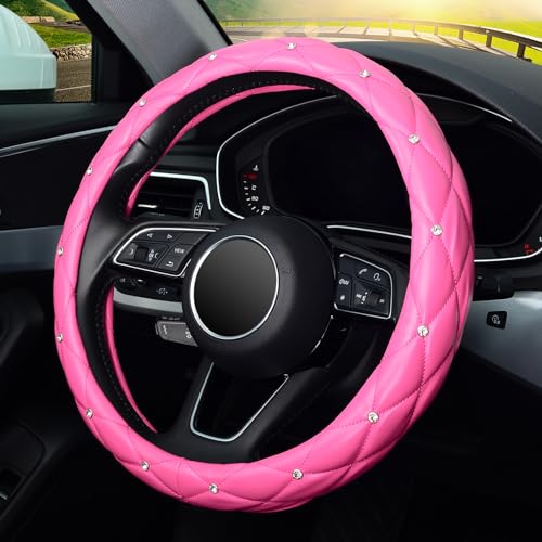 KAFEEK Diamond Leather Steering Wheel Cover with Bling Bling Crystal Rhinestones, Universal 15 inch,Dark Pink - color: Dark Pink, size: Medium(Standard) Size[14.5"-15"]