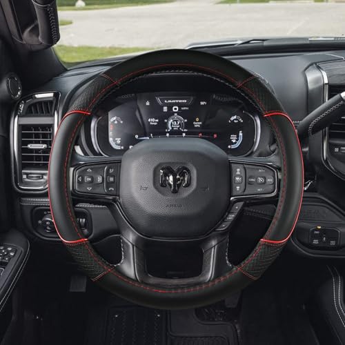 Steering Wheel Cover for Dodge RAM 1500, 2500, 3500 - Premium Microfiber Leather Auto Car Accessory with Non-Slip Grip, Rugged Durability & Interior Upgrade, 15.5-16 inch (Red-Large Size)