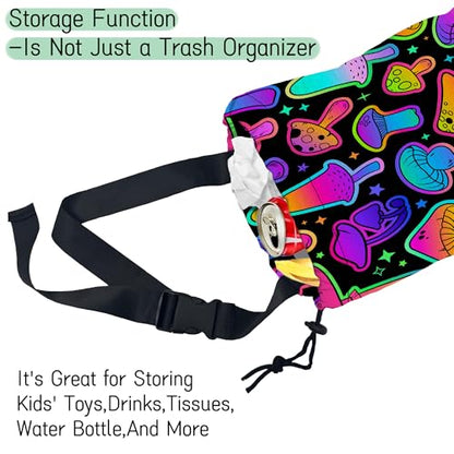 Bright Mushrooms Car Garbage Bag,Colorful Mushroom Waterproof Small Car Trash Bag Hanging Back of Seat,Drawstring Hanging Car Trash Bag with Adjustable Buckle for Car Accessories - color: Bright Mushrooms