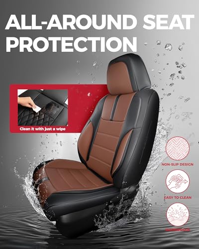 FREESOO Universal Full Seat Covers, Waterproof Faux Leather Automotive Seat Covers with Carbon Fiber Texture Seat Belt Pads, Anti-Slip Airbag Compatible Car Seat Covers for Cars SUVs Trucks - color: Black Brown, size: Full Set - 5 Seats