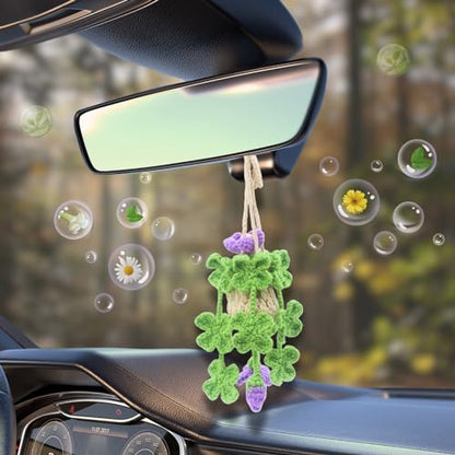 ROFIGL Handmade Crochet Hanging Car Air Freshener - Lucky 4-Leaf Clover Charm with 12ml Refillable Glass Essential Oil Diffuser Bottle, St. Patrick's Day Car Accessories & Bedroom Lucky Decor - style: Clover
