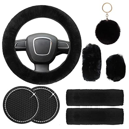Cute Fluffy Steering Wheel Cover Set for Women, YUNXNYC 1 Set 8 Pieces Fluffy Car Accessories Set Soft Fuzzy Handbrake Cover Gear Shift Cover Fur Seat Belt Shoulder Pads Furry Ball Key Chain (Black) - color: Black