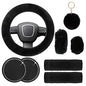 Cute Fluffy Steering Wheel Cover Set for Women, YUNXNYC 1 Set 8 Pieces Fluffy Car Accessories Set Soft Fuzzy Handbrake Cover Gear Shift Cover Fur Seat Belt Shoulder Pads Furry Ball Key Chain (Black) - color: Black
