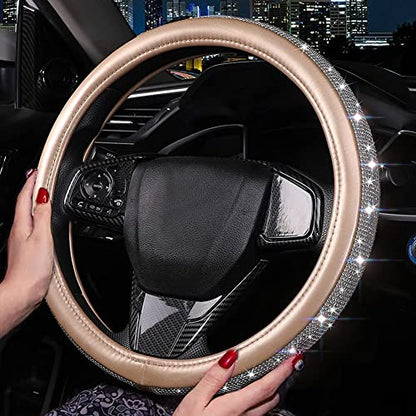 Bling Diamond Leather Steering Wheel Cover, Golden Steering Wheel Covers for Women Girls with Crystal Rhinestones, Universal Fit 14.5-15 Inch Car Steering Wheel Bling Cover Accessories - color: Golden
