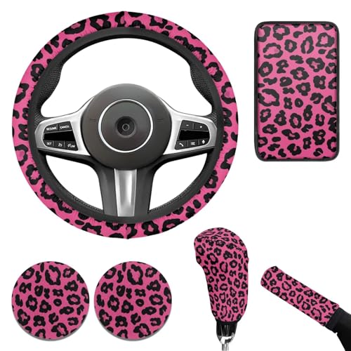 Pink Leopard Print Steering Wheel Covers Set for Women Car Interior Decor Cup Coaster Handbrake Cover Suit for Most Cars Truck Vans SUV-6 Pcs - color: Pink Leopard Print