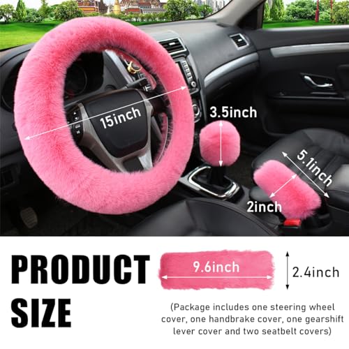 5 PCS Fluffy Steering Wheel Covers Set, Faux Wool Steering Wheel Cover & Handbrake Cover & Gear Shift Cover & 2 Seat Belt Shoulder Pads, Universal Car Accessories (Pink) - color: Pink