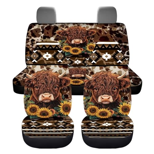 Dreaweet Aztec Brown Cow Print Car Seat Covers Full Set Cute Sunflower Highland Cow Car Accessories,Car Steering Wheel Cover Armrest Cover Seat Belt Pads Cup Holders Gear Shift Cover Handbrake Cover - color: Aztec Sunflower Highland Cow