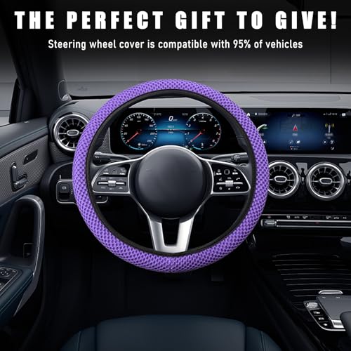 Elastic Stretch Steering Wheel Cover, 15"×15" Microfiber Breathable Ice Silk Steering Wheel Protector, Anti-Slip Elastic Steering Wheel Cover for Men Women, Car Accessories (Purple)
