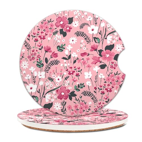COYEUX Absorbent Car Cup Holder Coaster 2 Pack, Funny Car Accessories Interior, 2.56" Cute Car Coasters with a Finger Notch for Women & Men Pink Beautiful Flowers - color: Pink Beautiful Flowers