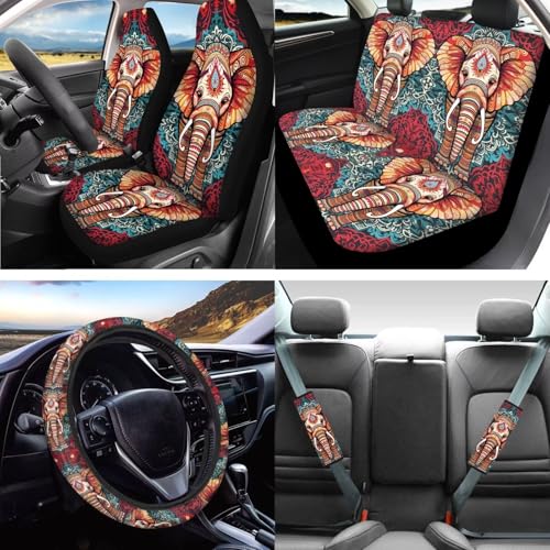 Boho Elephant Print 16 Piece Car Seat Cover Full Set, Car Front Back Seat Cover Steering Wheel Cover Armrest Pads Seatbelt Cover Car Handbrake Cover Gear Shift Cover, Car Interior Accessories - color: Red and Blue - Boho Elephant