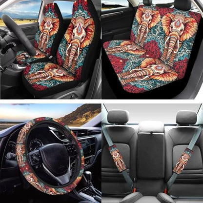 Boho Elephant Print 16 Piece Car Seat Cover Full Set, Car Front Back Seat Cover Steering Wheel Cover Armrest Pads Seatbelt Cover Car Handbrake Cover Gear Shift Cover, Car Interior Accessories - color: Red and Blue - Boho Elephant