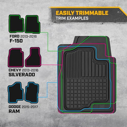 BDK CAT® Large 2-Piece Heavy Duty All Weather Rubber Car Floor Mats, Universal Fit Trim-to-Fit Front Set with Trunk Cargo Mat Liner for Car Truck SUV Van, Easy-to-Clean Tailgate Mat Protection - Black