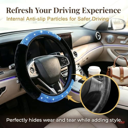 Bling Steering Wheel Cover for Women Girls, Blue Rhinestone Diamond Sparkling Fur Fluffy Steering Wheel Accessories Elastic Steering Wheel Covers Winter Warm Universal Fit 14-15 inches - color: Dark Blue